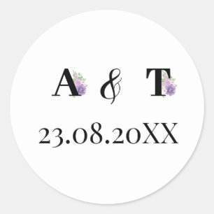 Sticker Rond Rose violet Dusty Floral Monogram Mariage