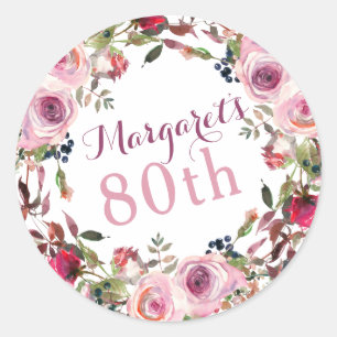 Sticker Rond Rose violet Floral 80e anniversaire