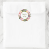 Sticker Rond Rose violet Floral vert Feuille Merci (Sac)