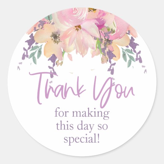 Sticker Rond Rose violet Merci Floral Mariage Anniversaire (Devant)