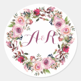 Sticker Rond Rose violet Rose rose Mariage de monogramme