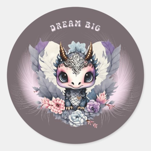 Sticker Rond Rose Whimsical "Dream Big" Petit Dragon (Devant)