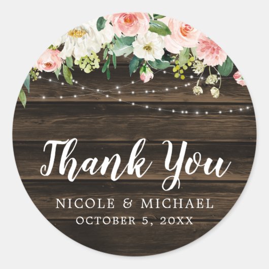 Sticker Rond Rosée Rustique Florale Lumière Merci Mariage (Devant)