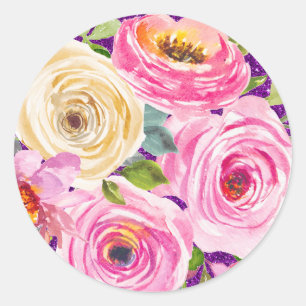 Sticker Rond Roses aquarelles en rose et crème avec paillettes 