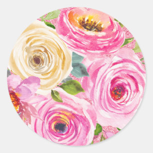 Sticker Rond Roses aquarelles en rose et crème avec paillettes