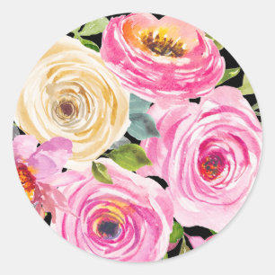 Sticker Rond Roses aquarelles en rose et crème sur fond noir