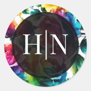 Sticker Rond Roses arc-en-ciel Noir & Blanc Mariage floral vibr