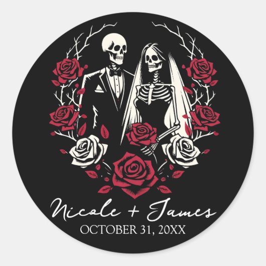 Sticker Rond Roses blanc rouge et noir squelette Mariage couple (Devant)