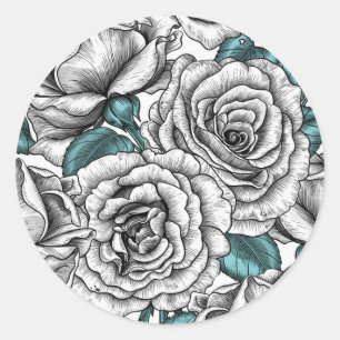 Sticker Rond Roses blanches avec feuilles bleus