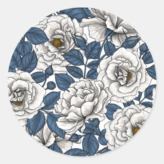 Sticker Rond Roses blanches avec feuilles bleus sur blanc (Devant)
