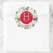 Sticker Rond Roses blanches et baies rouges couronne de Noël (Sac)