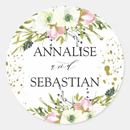 Sticker Rond Roses blanches et blanches avec éclats d'or Mariag (Devant)