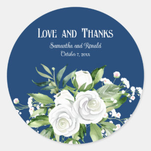 Sticker Rond Roses blanches et souffle de bébé sur Mariage bleu