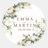 Sticker Rond Roses blanches Mariage Fleurs élégantes (Devant)