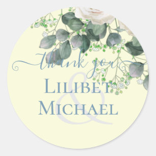 Sticker Rond Roses blanches Sage Eucalyptus Citron MARIAGE jaun