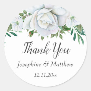 Sticker Rond Roses blanches Verdure Feuillage Mariage Merci