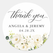 Sticker Rond Roses blanches vertes Merci Mariage floral (Devant)
