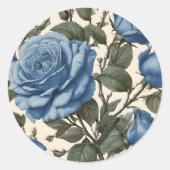 Sticker Rond Roses Bleus Et Feuilles Verts, (Devant)