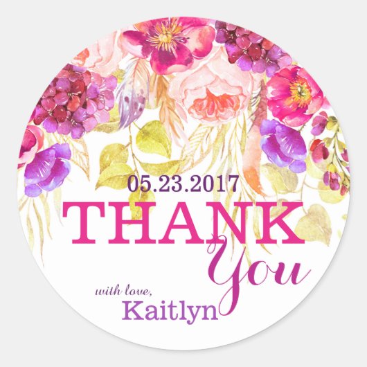 Sticker Rond Roses d'aquarelle et Hydrangeas Merci floral (Devant)