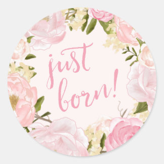Sticker Rond Roses d'aquarelle juste né Faire-part de naissance