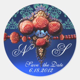STICKER ROND ROSES DE CORAIL ROUGE, AQUA BLUE BLACK DAMASK MONO