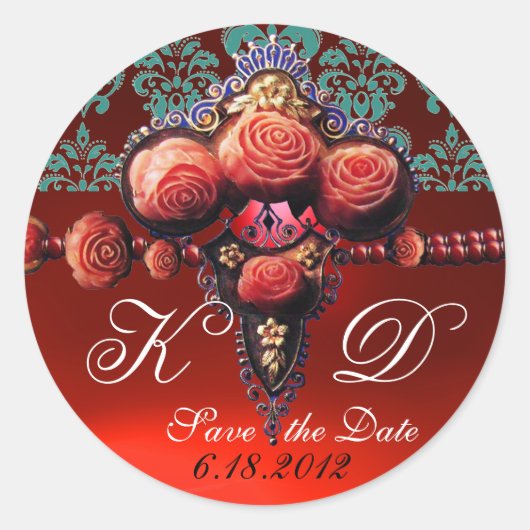STICKER ROND ROSES DE CORAIL ROUGE, MONOGRAMME DE DAMASK RUBY (Devant)