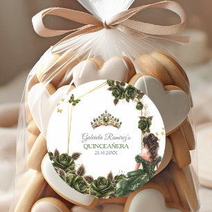 Sticker Rond Roses de couronne de tiara dorée verte émeraude po
