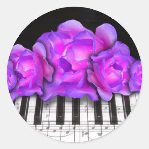 Sticker Rond Roses de Fushia et clavier et notes de piano