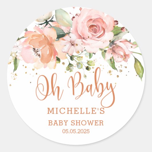 Sticker Rond Roses de pêche rose, Baby shower confetti (Devant)