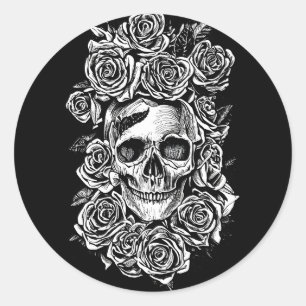 Sticker Rond Roses du crâne humain Goth Biker Illustration d'ar
