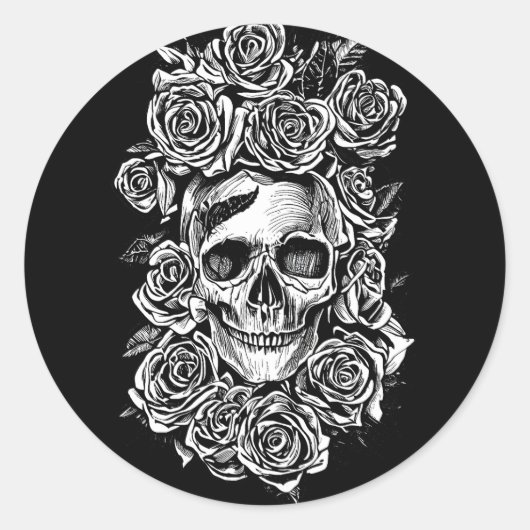Sticker Rond Roses du crâne humain Goth Biker Illustration d'ar (Devant)