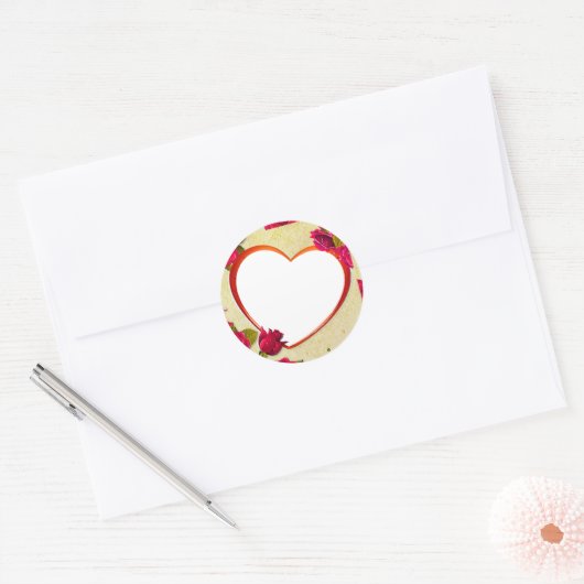 Sticker Rond Roses et cadre cardiaque Ajouter votre photo (Enveloppe)