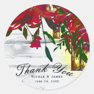 Sticker Rond Roses et Lanterne de mariage à l'aquarelle rouge r