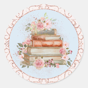Sticker Rond Roses et livres floraux aquarelle vintage rose