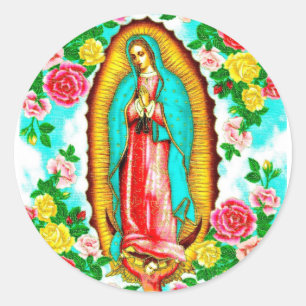 STICKER ROND ROSES ET MADONNA DE GUADALUPE.ART DESIGN