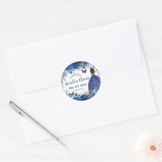 Sticker Rond Roses Florales Bleu Royal Marron Princesse Argent  (Enveloppe)