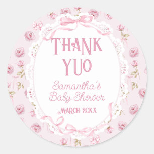 Sticker Rond Roses floraux de Bow rose Merci Baby shower Vintag