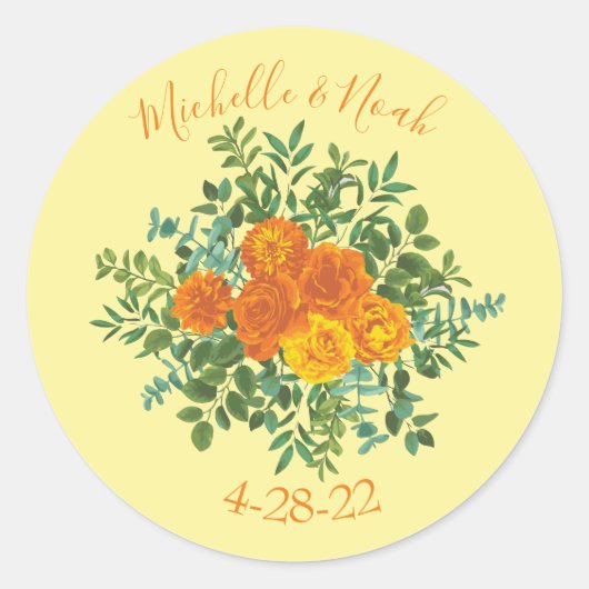 Sticker Rond Roses floraux de Mariage orange jaune (Devant)