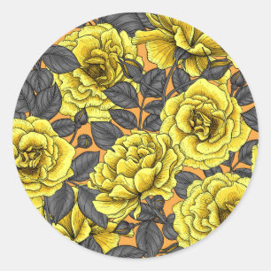Sticker Rond Roses jaunes avec feuilles gris sur orange