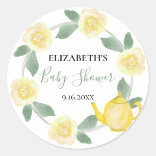 Sticker Rond Roses jaunes et Baby shower de théière
