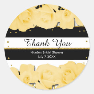 Sticker Rond Roses jaunes rayures noires et dorées Baby Shower
