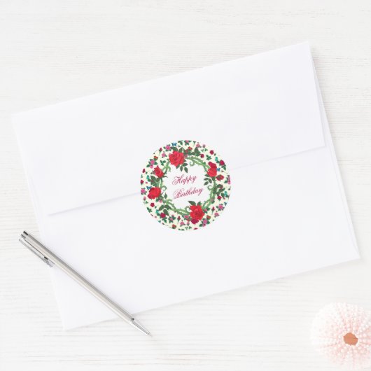 Sticker Rond Roses Joyeux Anniversaire (Enveloppe)