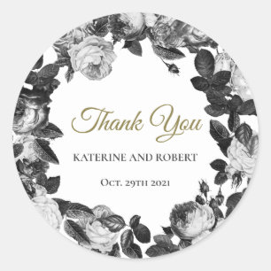 Sticker Rond Roses noires et blanches élégantes sur Mariage or