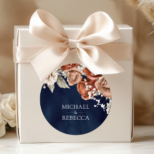 Sticker Rond Roses orange brûlé Terracotta Floral Navy Mariage