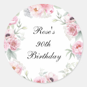 Sticker Rond Roses, pivoines et pavots à l'aquarelle rose