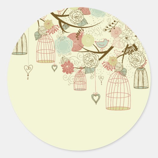 Sticker Rond Roses romantiques, oiseaux, oiseaux, cages d'oisea (Devant)
