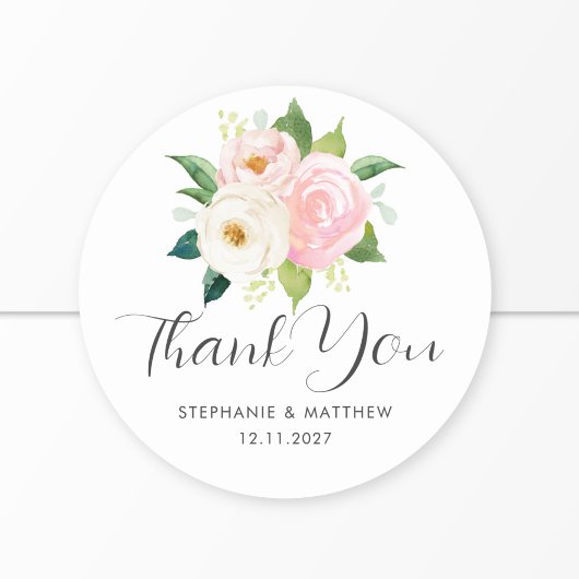 Sticker Rond Roses rose pâle Merci Mariage botanique