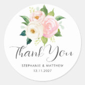 Sticker Rond Roses rose pâle Merci Mariage botanique (Devant)