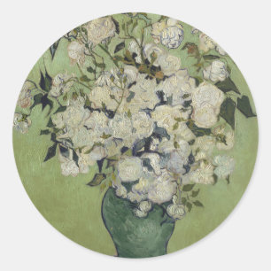 Sticker Rond Roses roses à vie dans un vase de Van Gogh