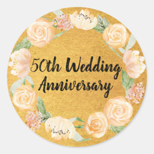 Sticker Rond Roses roses blanches sur Gold 50e anniversaire Mar